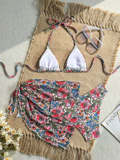 Women's 3-Piece Solid Halter Bikini Set - Knot Detail, Skirt Cover-Up, Triangle Cup, Red