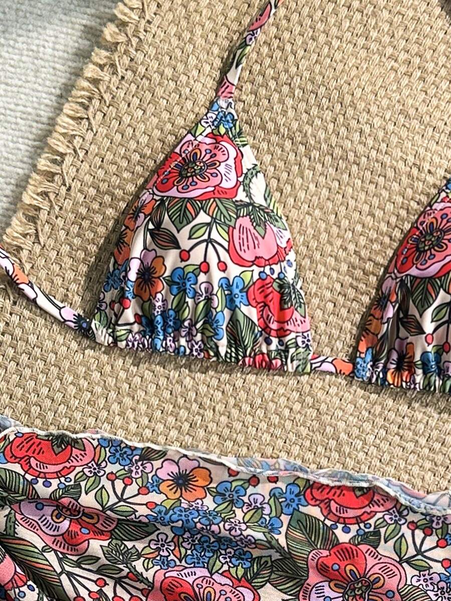 Women's 3-Piece Solid Halter Bikini Set - Knot Detail, Skirt Cover-Up, Triangle Cup, Red