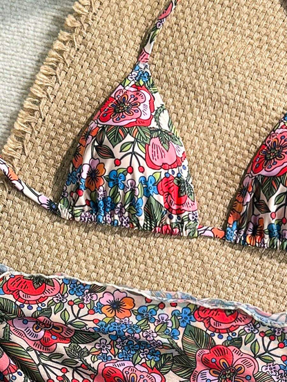 Women's 3-Piece Solid Halter Bikini Set - Knot Detail, Skirt Cover-Up, Triangle Cup, Red