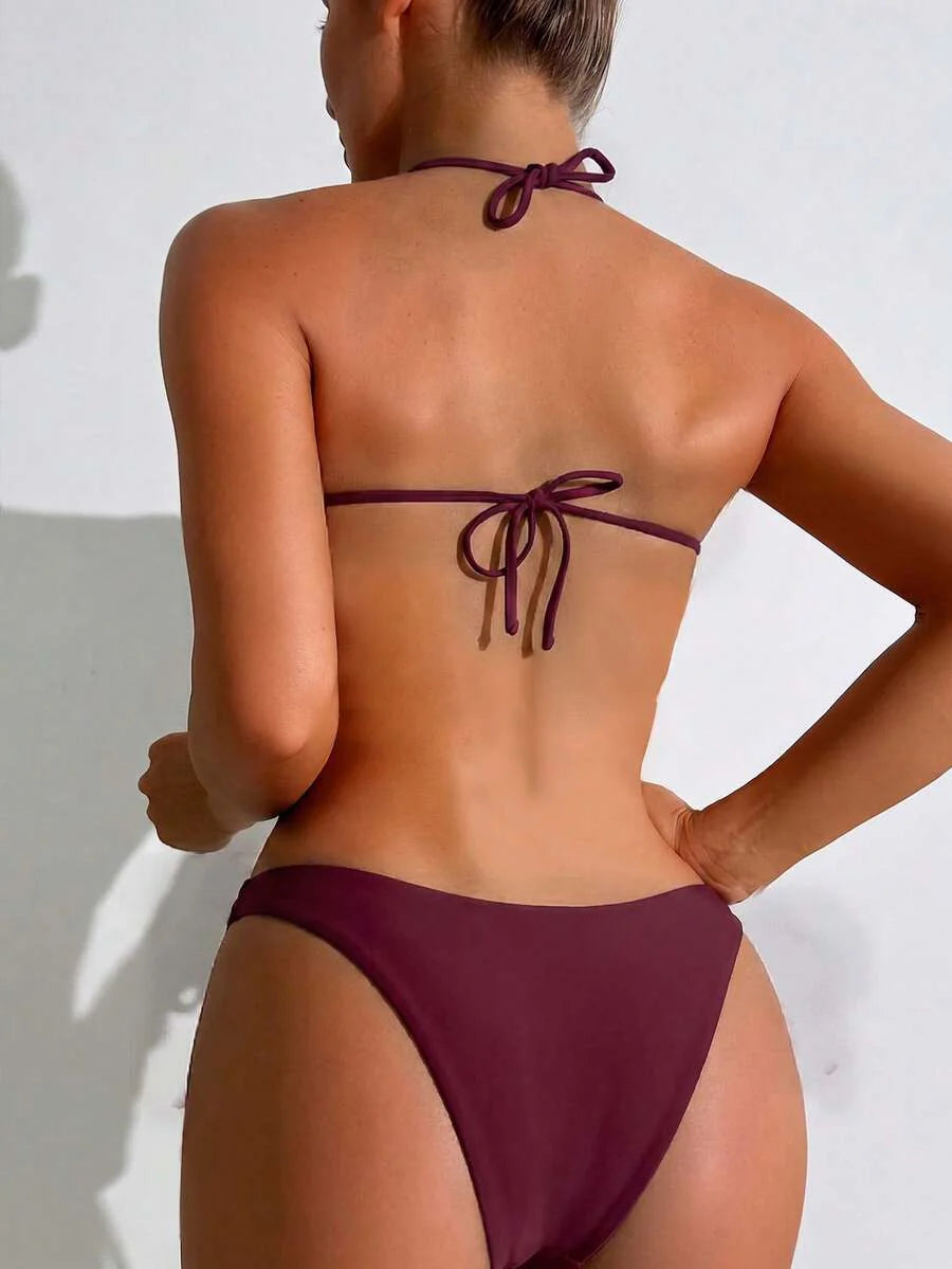 Women's Halter Triangle Bikini Set - Backless, High Waist, High Cut, Black