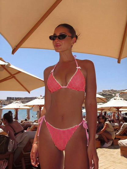 Swim Vcay Women's Solid Color Halter Tie Backless Sexy Thong Bikini Set Bikini Triangle Lemon Bikini Yellow Bathing Suits Light Yellow Bikini String Bikini Set