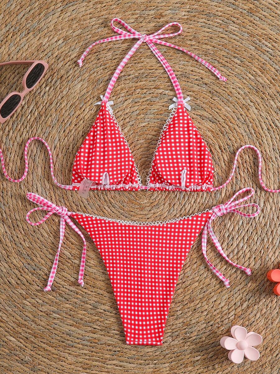 Swim Vcay Women's Solid Color Halter Tie Backless Sexy Thong Bikini Set Bikini Triangle Lemon Bikini Yellow Bathing Suits Light Yellow Bikini String Bikini Set