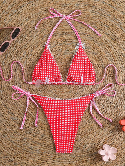 Swim Vcay Women's Solid Color Halter Tie Backless Sexy Thong Bikini Set Bikini Triangle Lemon Bikini Yellow Bathing Suits Light Yellow Bikini String Bikini Set