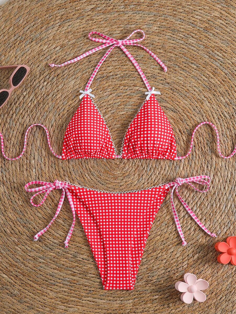 Swim Vcay Women's Solid Color Halter Tie Backless Sexy Thong Bikini Set Bikini Triangle Lemon Bikini Yellow Bathing Suits Light Yellow Bikini String Bikini Set