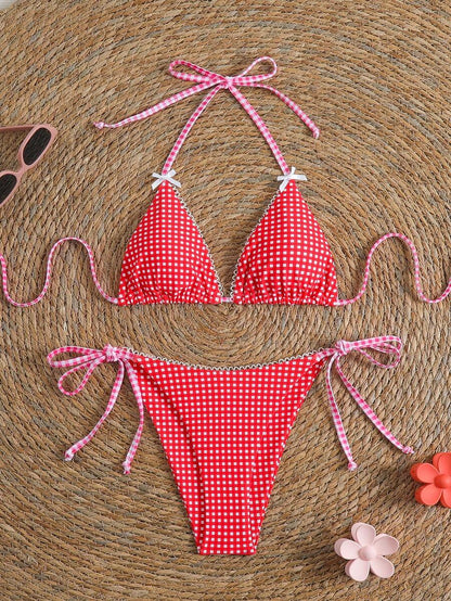 Swim Vcay Women's Solid Color Halter Tie Backless Sexy Thong Bikini Set Bikini Triangle Lemon Bikini Yellow Bathing Suits Light Yellow Bikini String Bikini Set