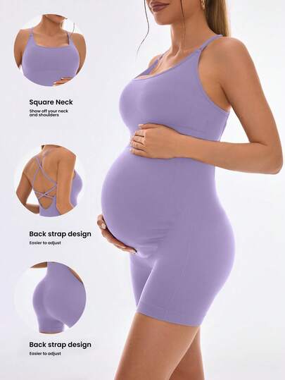 Mauve Purple Ribbed Maternity Sleeveless Romper – Seamless Backless Crisscross Bodysuit with Scoop Neck & Medium Stretch for Home & Casual Wear