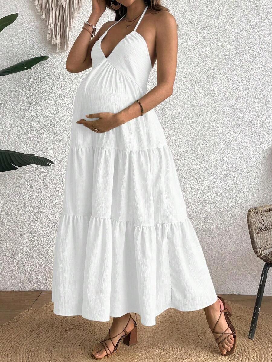 Maternity Velvet Fitted Long Dress - Cold Shoulder, Puff Sleeve, Halter Backless, Baby Pink
