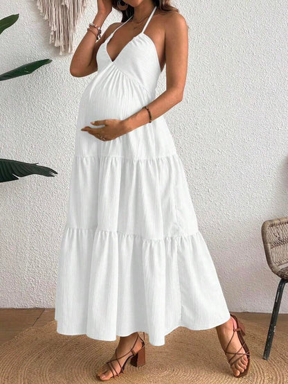 Maternity Velvet Fitted Long Dress - Cold Shoulder, Puff Sleeve, Halter Backless, Baby Pink