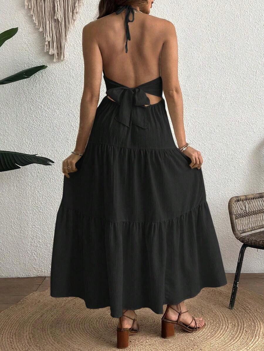 Maternity Velvet Fitted Long Dress - Cold Shoulder, Puff Sleeve, Halter Backless, Baby Pink