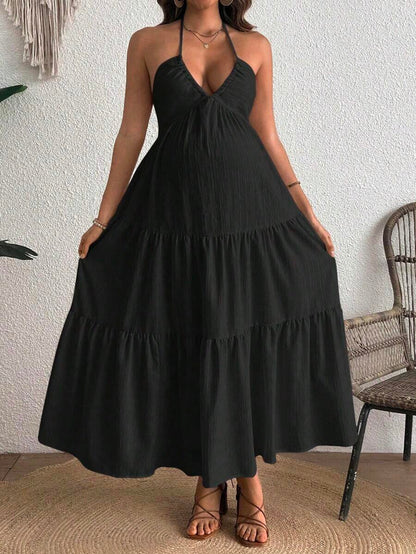 Maternity Velvet Fitted Long Dress - Cold Shoulder, Puff Sleeve, Halter Backless, Baby Pink