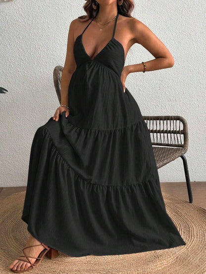 Maternity Velvet Fitted Long Dress - Cold Shoulder, Puff Sleeve, Halter Backless, Baby Pink