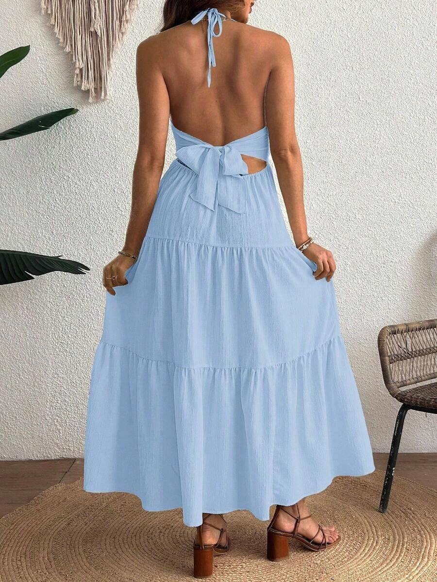 Maternity Velvet Fitted Long Dress - Cold Shoulder, Puff Sleeve, Halter Backless, Baby Pink