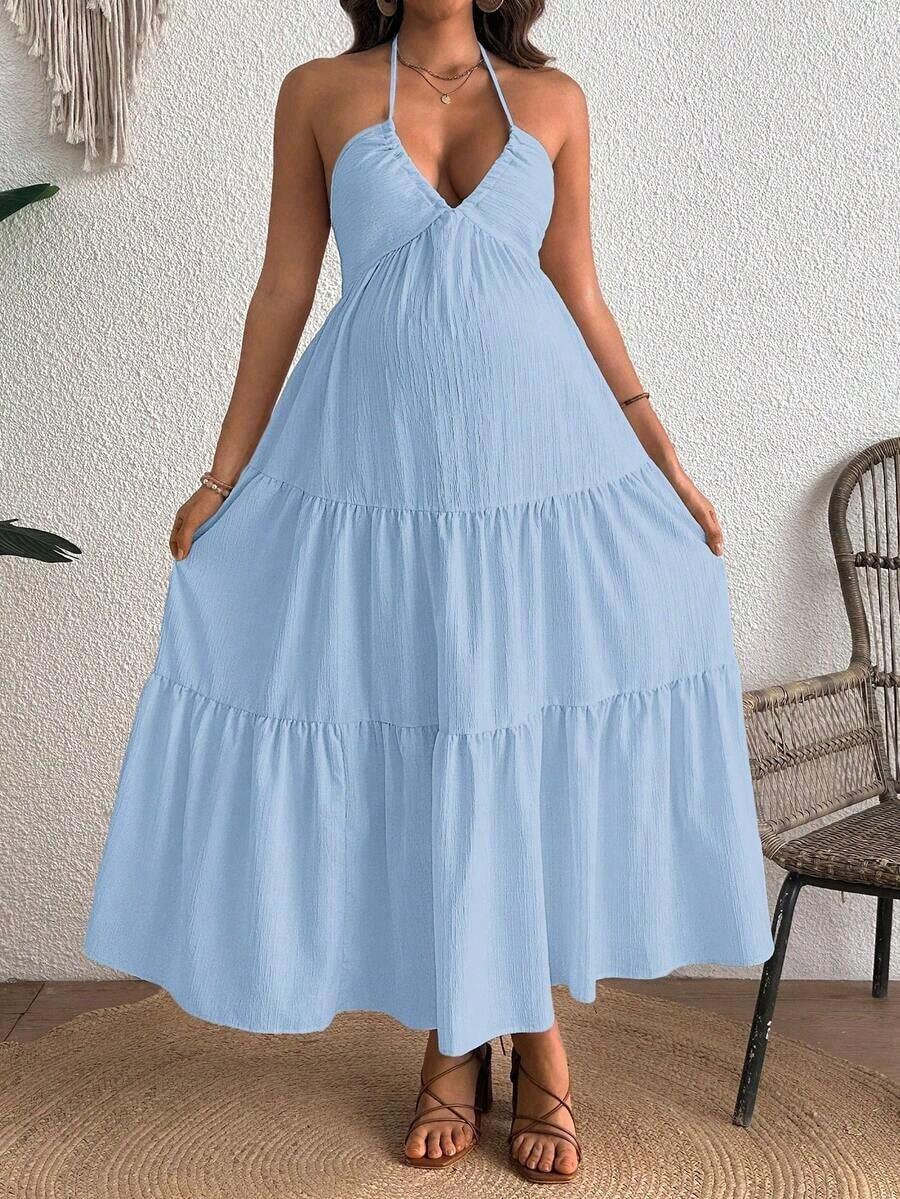 Maternity Velvet Fitted Long Dress - Cold Shoulder, Puff Sleeve, Halter Backless, Baby Pink
