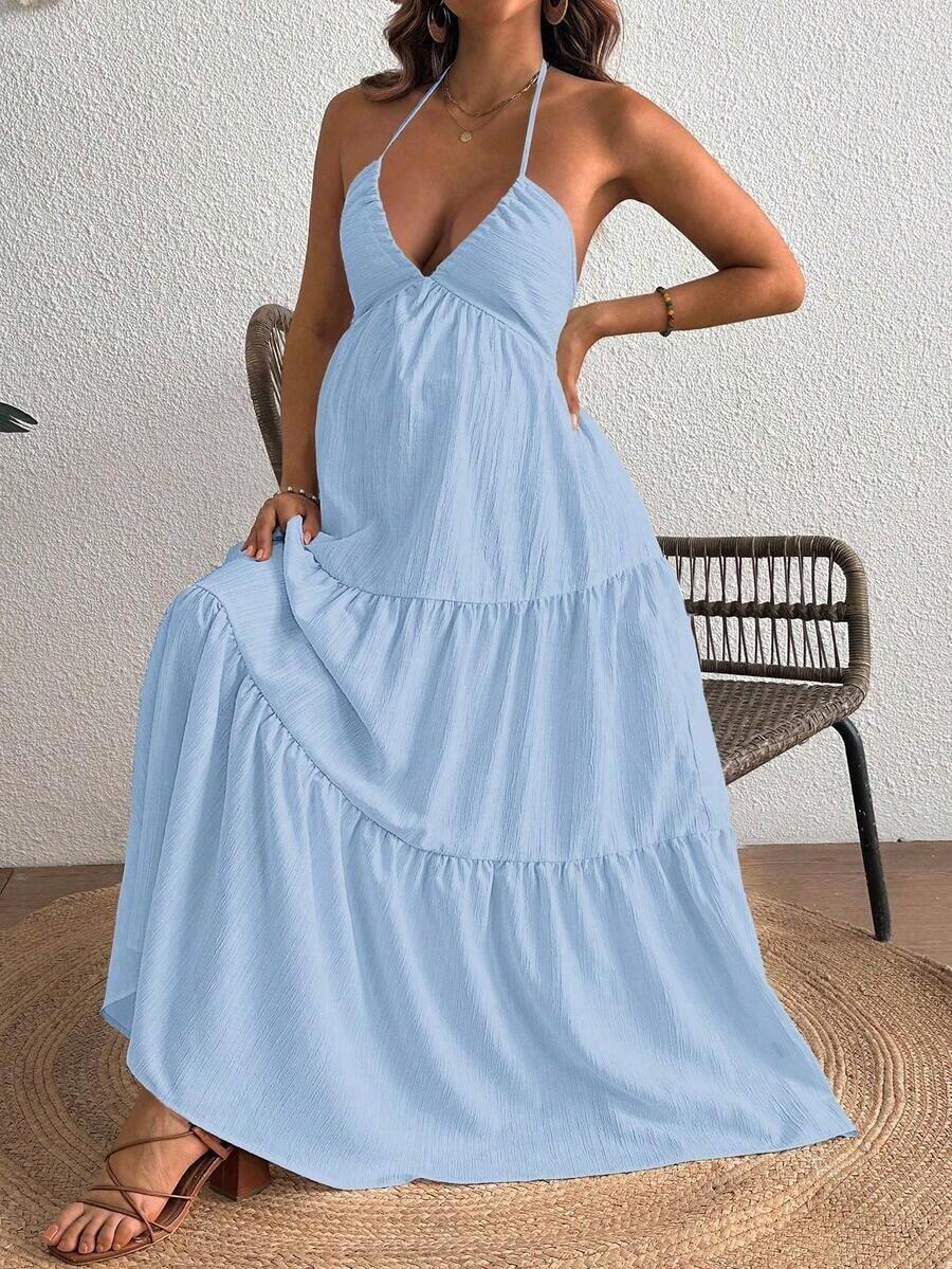 Maternity Velvet Fitted Long Dress - Cold Shoulder, Puff Sleeve, Halter Backless, Baby Pink