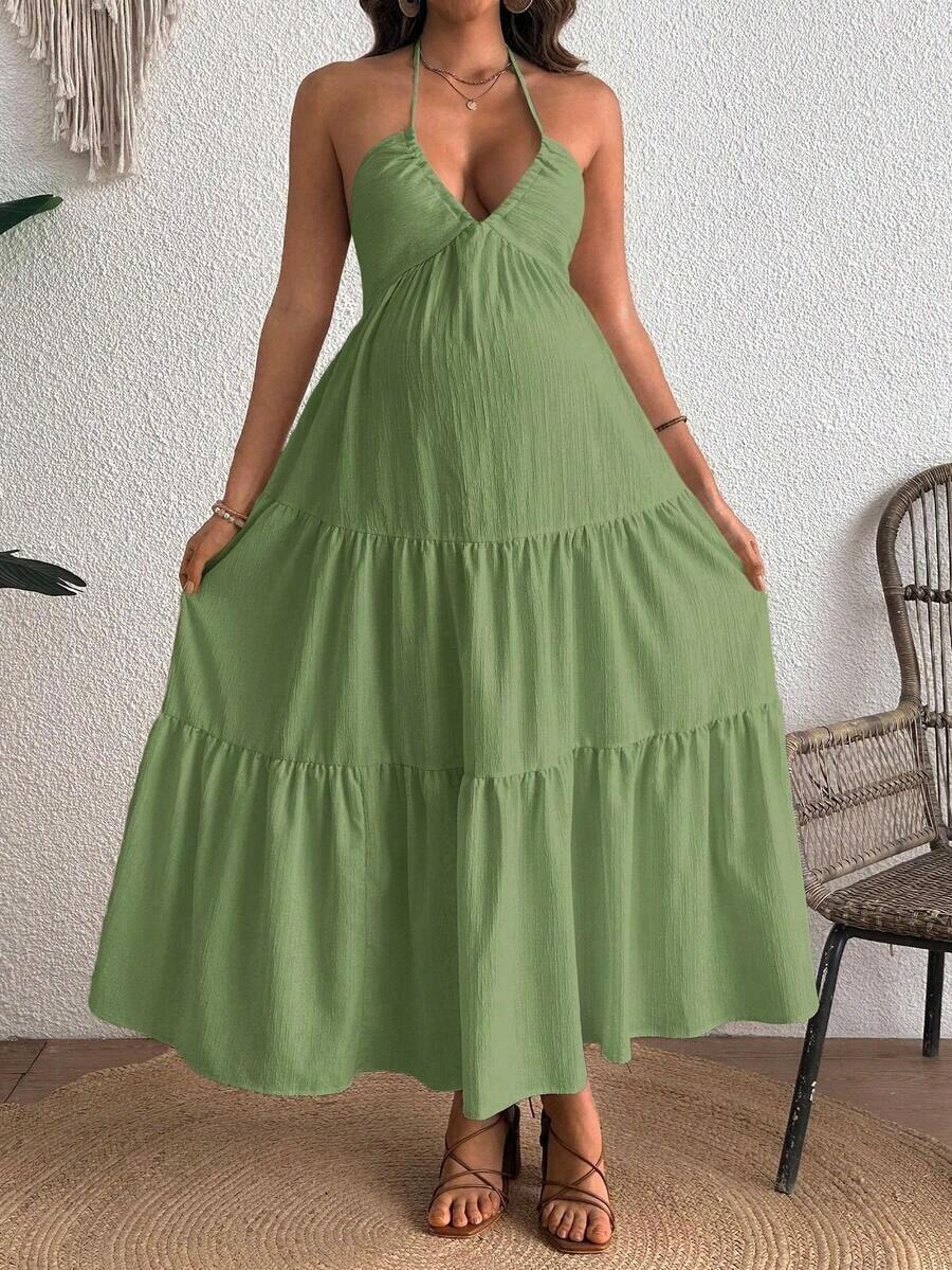 Maternity Velvet Fitted Long Dress - Cold Shoulder, Puff Sleeve, Halter Backless, Baby Pink