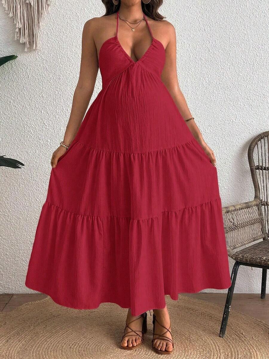 Maternity Velvet Fitted Long Dress - Cold Shoulder, Puff Sleeve, Halter Backless, Baby Pink