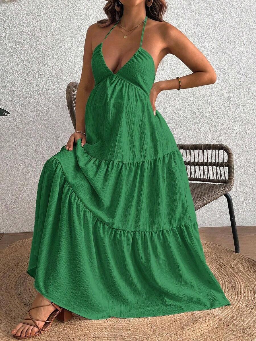 Maternity Velvet Fitted Long Dress - Cold Shoulder, Puff Sleeve, Halter Backless, Baby Pink