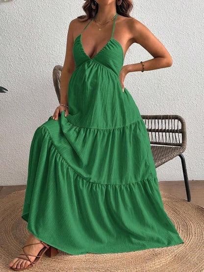 Maternity Velvet Fitted Long Dress - Cold Shoulder, Puff Sleeve, Halter Backless, Baby Pink