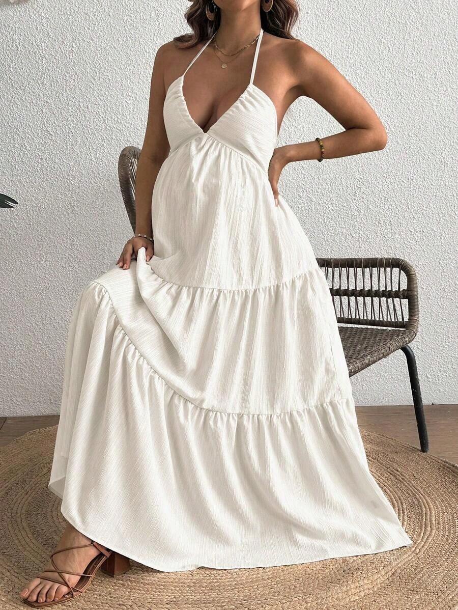 Maternity Velvet Fitted Long Dress - Cold Shoulder, Puff Sleeve, Halter Backless, Baby Pink