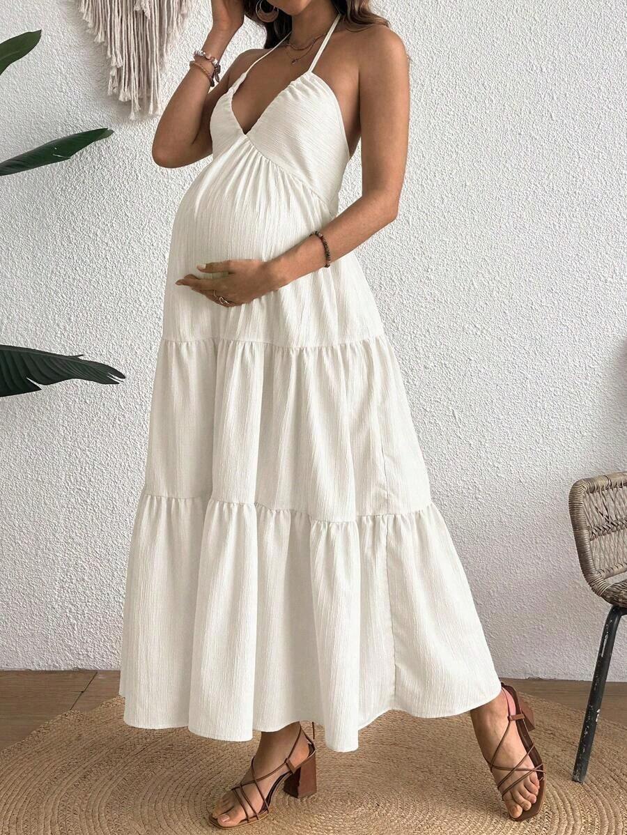 Maternity Velvet Fitted Long Dress - Cold Shoulder, Puff Sleeve, Halter Backless, Baby Pink