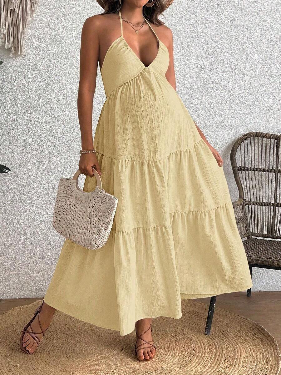 Maternity Velvet Fitted Long Dress - Cold Shoulder, Puff Sleeve, Halter Backless, Baby Pink