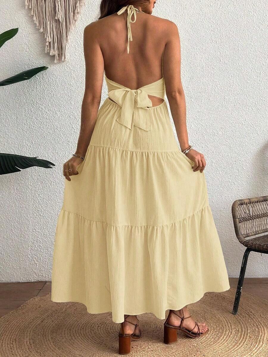 Maternity Velvet Fitted Long Dress - Cold Shoulder, Puff Sleeve, Halter Backless, Baby Pink