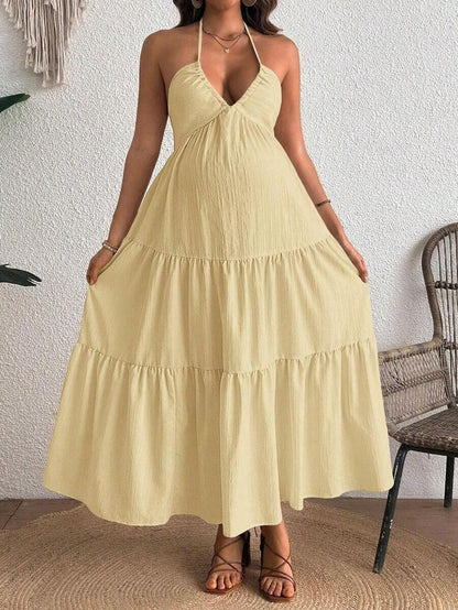 Maternity Velvet Fitted Long Dress - Cold Shoulder, Puff Sleeve, Halter Backless, Baby Pink