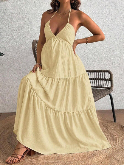 Maternity Velvet Fitted Long Dress - Cold Shoulder, Puff Sleeve, Halter Backless, Baby Pink