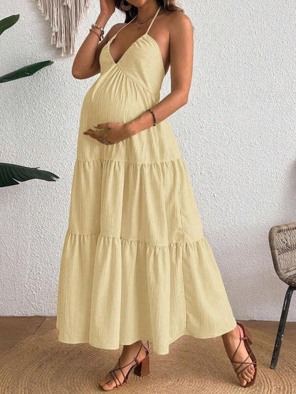 Maternity Velvet Fitted Long Dress - Cold Shoulder, Puff Sleeve, Halter Backless, Baby Pink