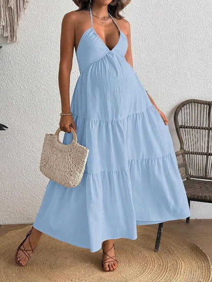 Maternity Velvet Fitted Long Dress - Cold Shoulder, Puff Sleeve, Halter Backless, Baby Pink