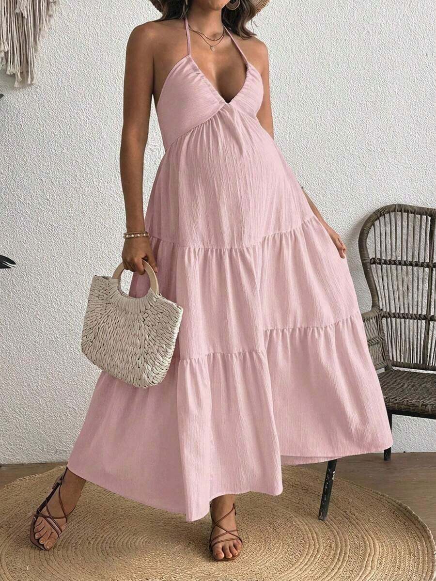 Maternity Velvet Fitted Long Dress - Cold Shoulder, Puff Sleeve, Halter Backless, Baby Pink