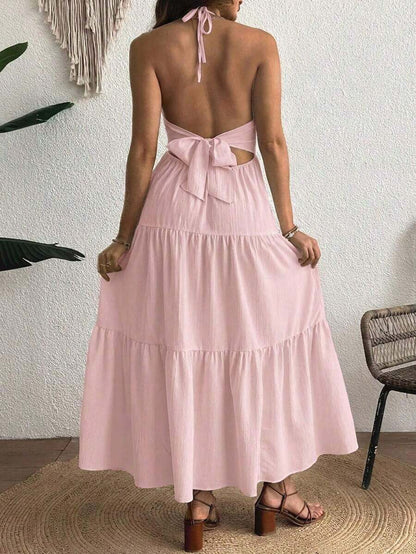 Maternity Velvet Fitted Long Dress - Cold Shoulder, Puff Sleeve, Halter Backless, Baby Pink