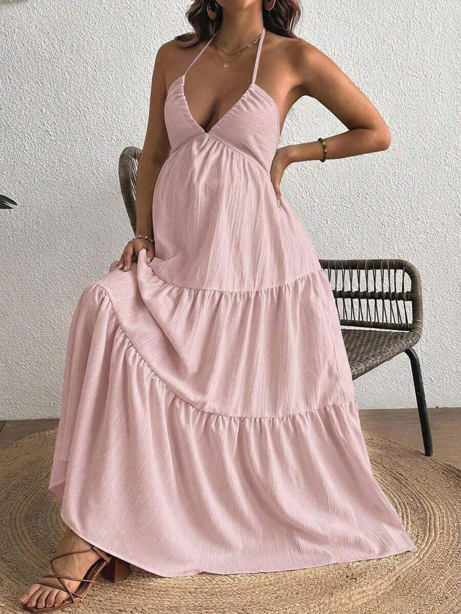 Maternity Velvet Fitted Long Dress - Cold Shoulder, Puff Sleeve, Halter Backless, Baby Pink