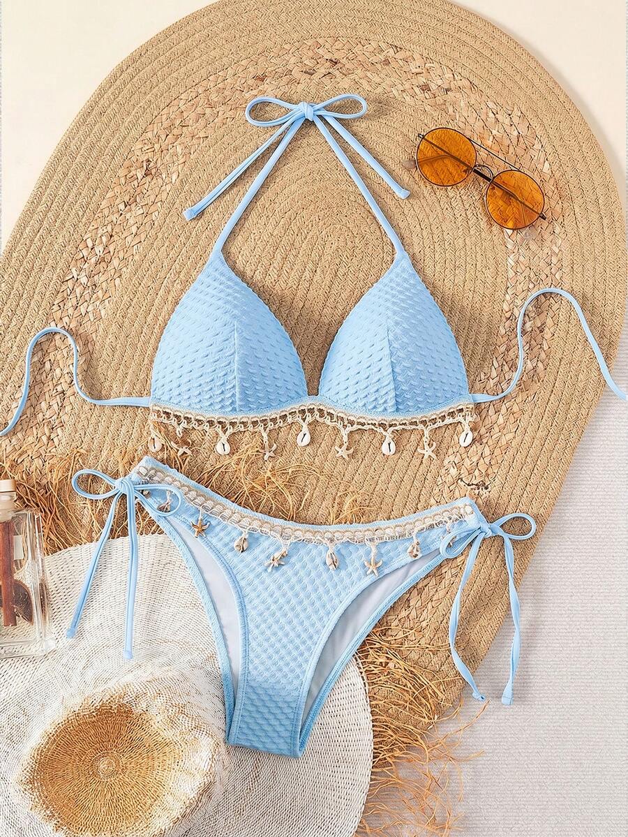 Swim Vcay Springbreak Solid Textured Fabric Shell Lanyard Decoration Halter Bikini Top & Tie-Up Triangle Bottoms, Summer Beach Party Women Bikini Set