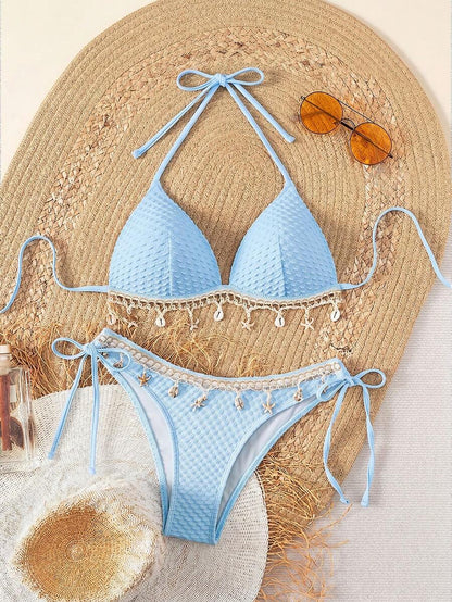 Swim Vcay Springbreak Solid Textured Fabric Shell Lanyard Decoration Halter Bikini Top & Tie-Up Triangle Bottoms, Summer Beach Party Women Bikini Set