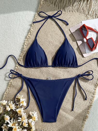 Women's Solid Halter Bikini Set - Knot Detail, Tie Side, Triangle Cup, Navy Blue