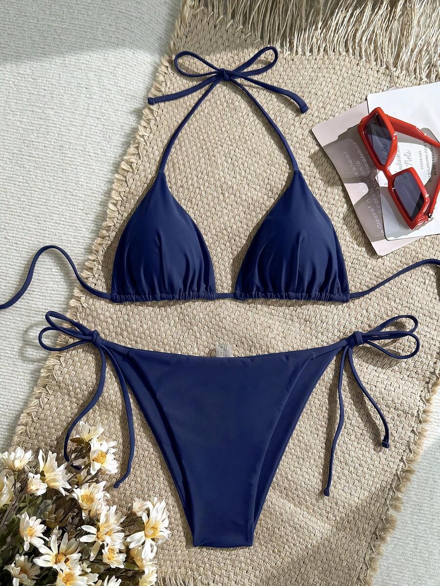 Women's Solid Halter Bikini Set - Knot Detail, Tie Side, Triangle Cup, Navy Blue