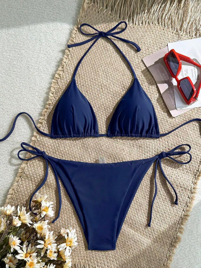 Women's Solid Halter Bikini Set - Knot Detail, Tie Side, Triangle Cup, Navy Blue