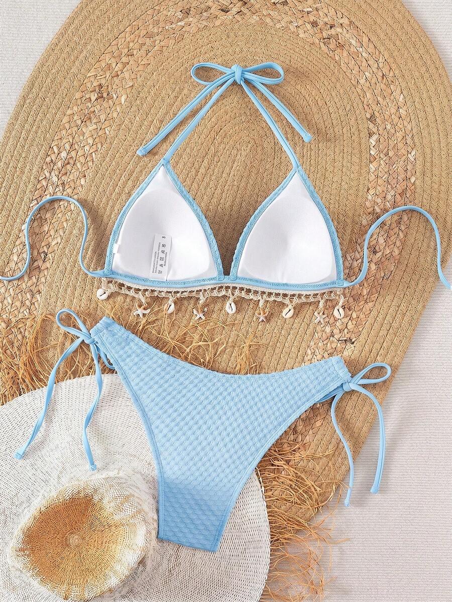 Swim Vcay Springbreak Solid Textured Fabric Shell Lanyard Decoration Halter Bikini Top & Tie-Up Triangle Bottoms, Summer Beach Party Women Bikini Set