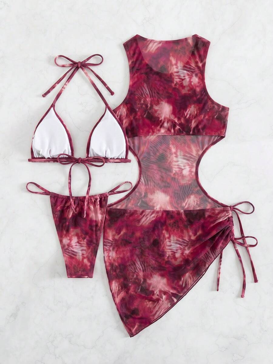 Women's 3-Piece Tie-Dye Bikini Set - Halter, Cover-Up Dress, Thongs, Green