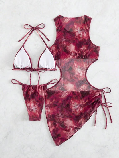 Women's 3-Piece Tie-Dye Bikini Set - Halter, Cover-Up Dress, Thongs, Green