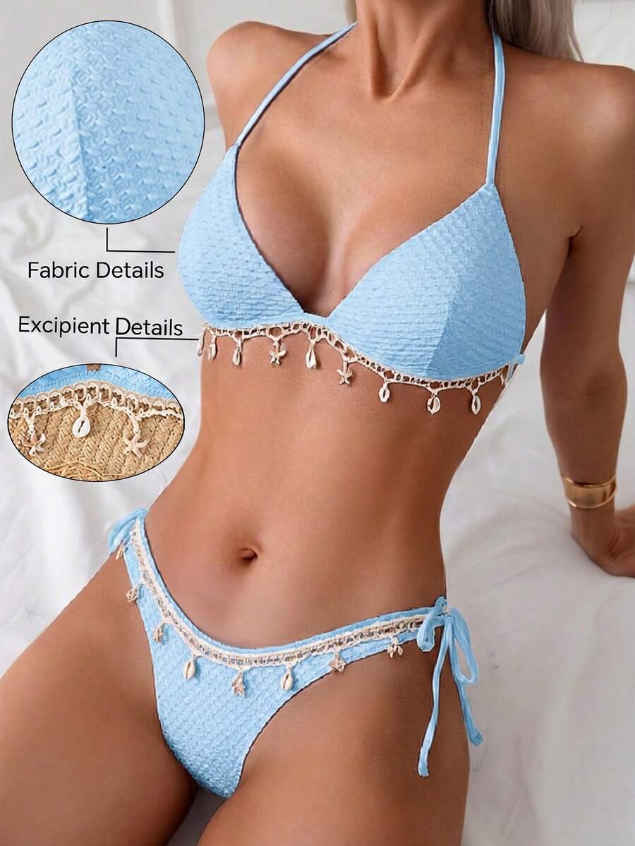 Swim Vcay Springbreak Solid Textured Fabric Shell Lanyard Decoration Halter Bikini Top & Tie-Up Triangle Bottoms, Summer Beach Party Women Bikini Set