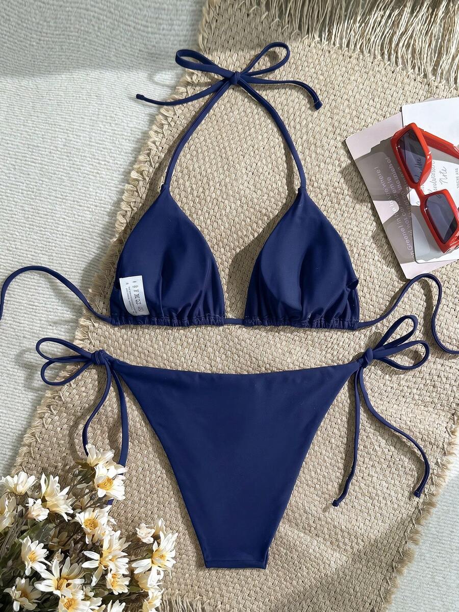 Women's Solid Halter Bikini Set - Knot Detail, Tie Side, Triangle Cup, Navy Blue