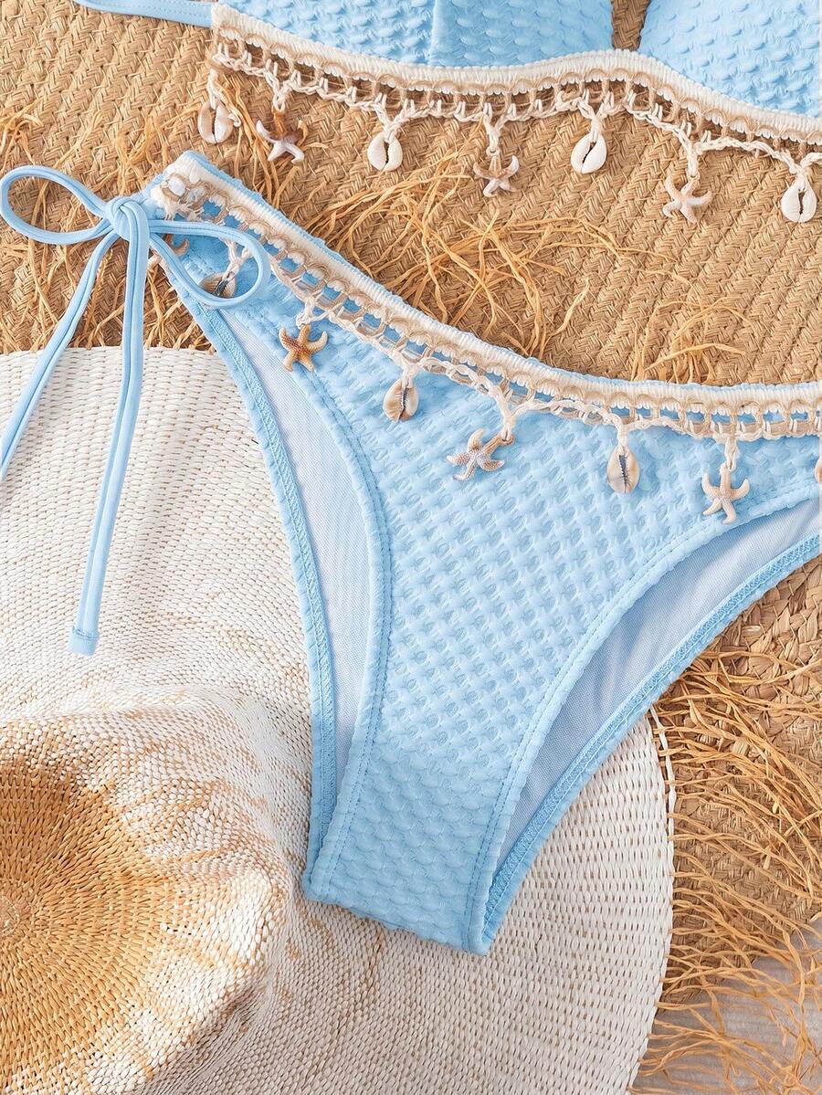 Swim Vcay Springbreak Solid Textured Fabric Shell Lanyard Decoration Halter Bikini Top & Tie-Up Triangle Bottoms, Summer Beach Party Women Bikini Set