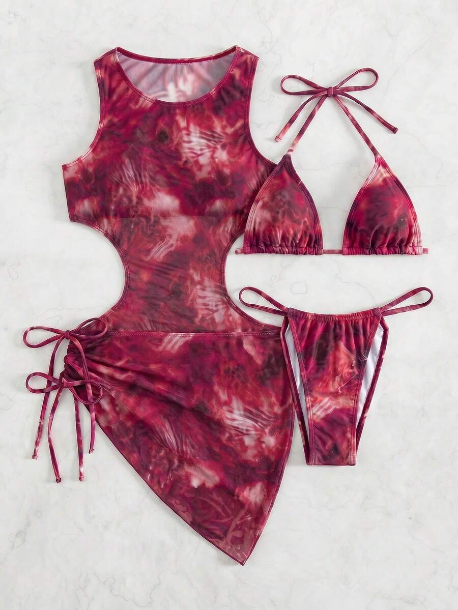Women's 3-Piece Tie-Dye Bikini Set - Halter, Cover-Up Dress, Thongs, Green