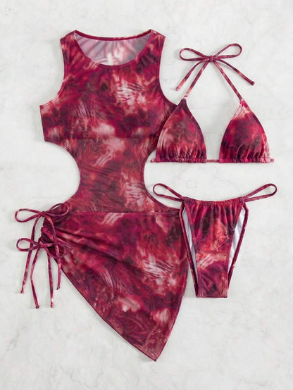 Women's 3-Piece Tie-Dye Bikini Set - Halter, Cover-Up Dress, Thongs, Green