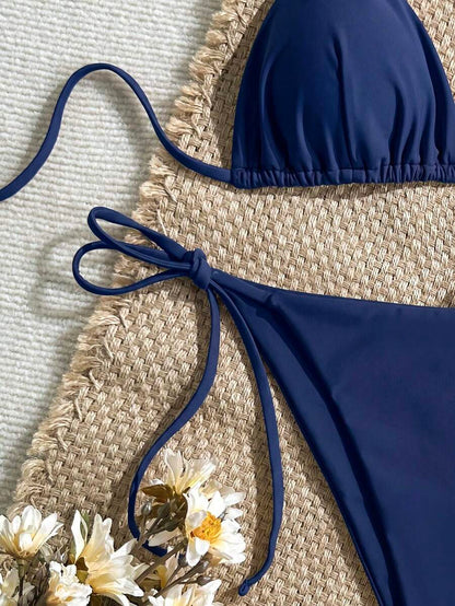 Women's Solid Halter Bikini Set - Knot Detail, Tie Side, Triangle Cup, Navy Blue