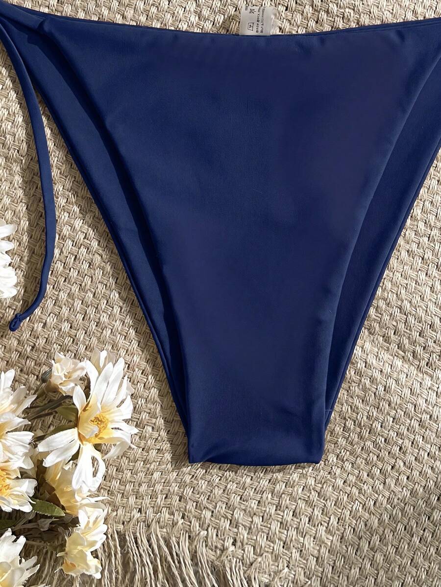 Women's Solid Halter Bikini Set - Knot Detail, Tie Side, Triangle Cup, Navy Blue