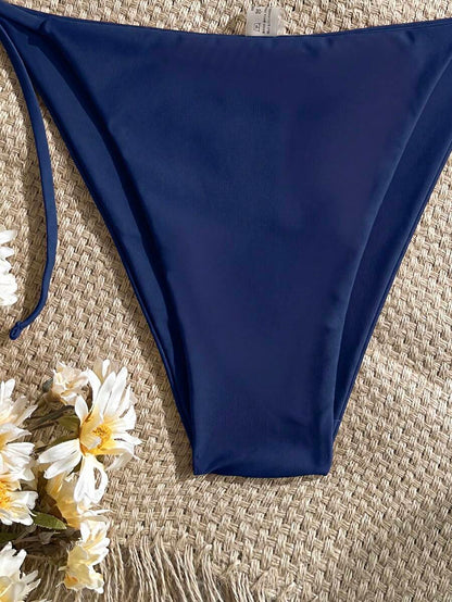 Women's Solid Halter Bikini Set - Knot Detail, Tie Side, Triangle Cup, Navy Blue