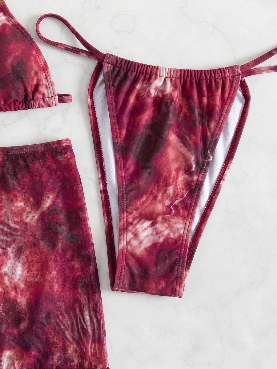Women's 3-Piece Tie-Dye Bikini Set - Halter, Cover-Up Dress, Thongs, Green